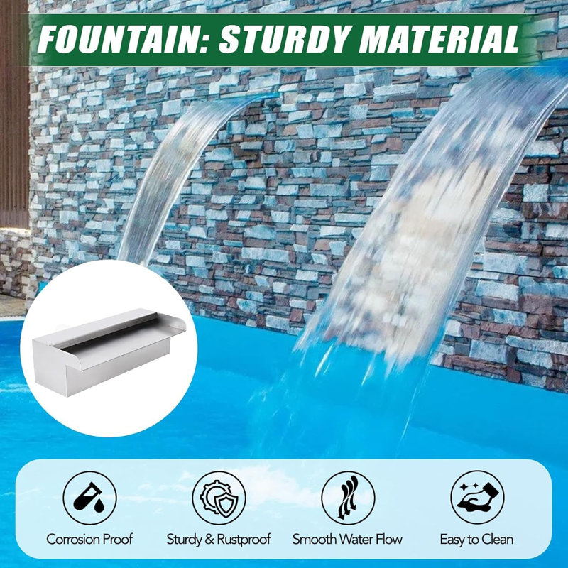 Pool Fountain Stainless Steel Pool Waterfall 45cm X 11.4cm X 7.9cm (W X D X H) Pool Spillway, Water Fountain Outdoor With Pipe Connector For Garden Outdoor Swimming Pools Fountains Pond Decoration