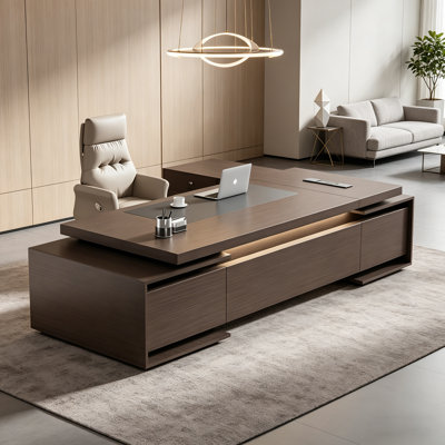 Modern Minimalist Brown Executive Desk Set with Built-in Power Outlet & Lockable Side Storage Cabinet