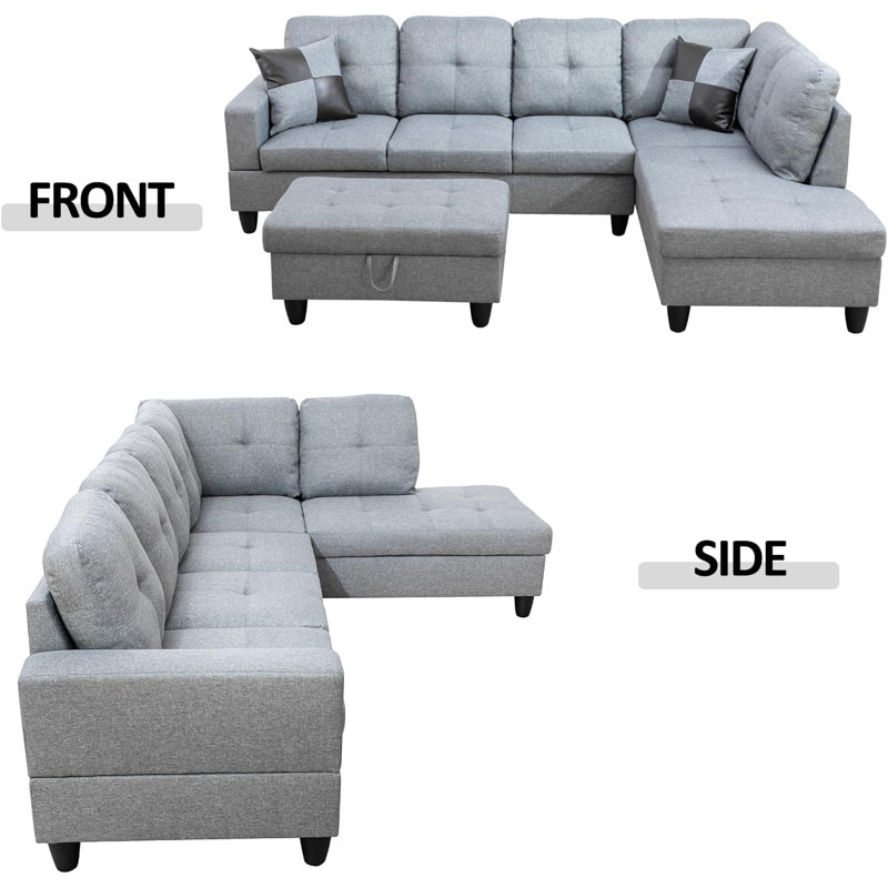 Canapé modulaire en forme de L de 103 po avec repose-pieds de rangement, Orienté à droite, Lin gris