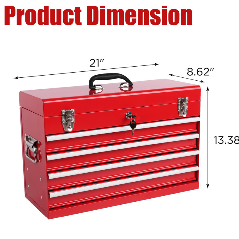 21 po, coffre à outils robuste, rouge, 4 tiroirs, rembourrage, rails de roulement, portable, boîte de rangement spacieuse, sécuritaire,