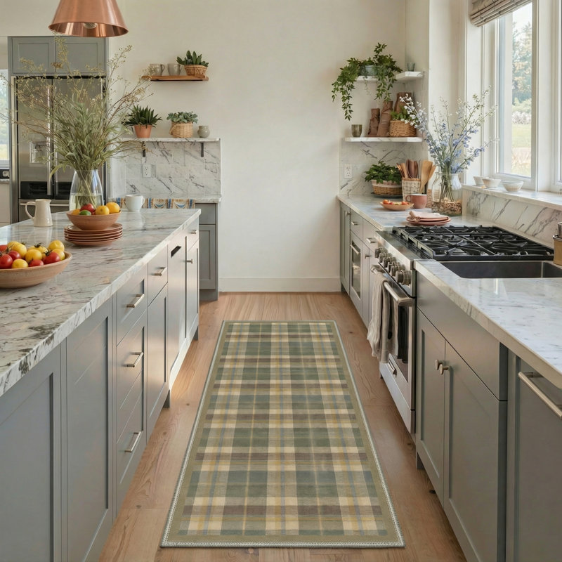 Abdellah Modern Machine Washable Beige / Green Indoor Area Rug With Non-Slip Backing, Runner 2' x 7'