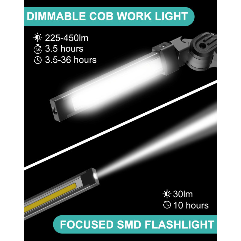 Rechargeable LED Work Light, Rotating And Folding Torch, Battery Powered With Magnetic Base, 5 Mode COB Flashlight