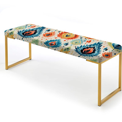 Blue And Orange Ikat Mosaic Fusion - Ikat Upholstered Gold Bench