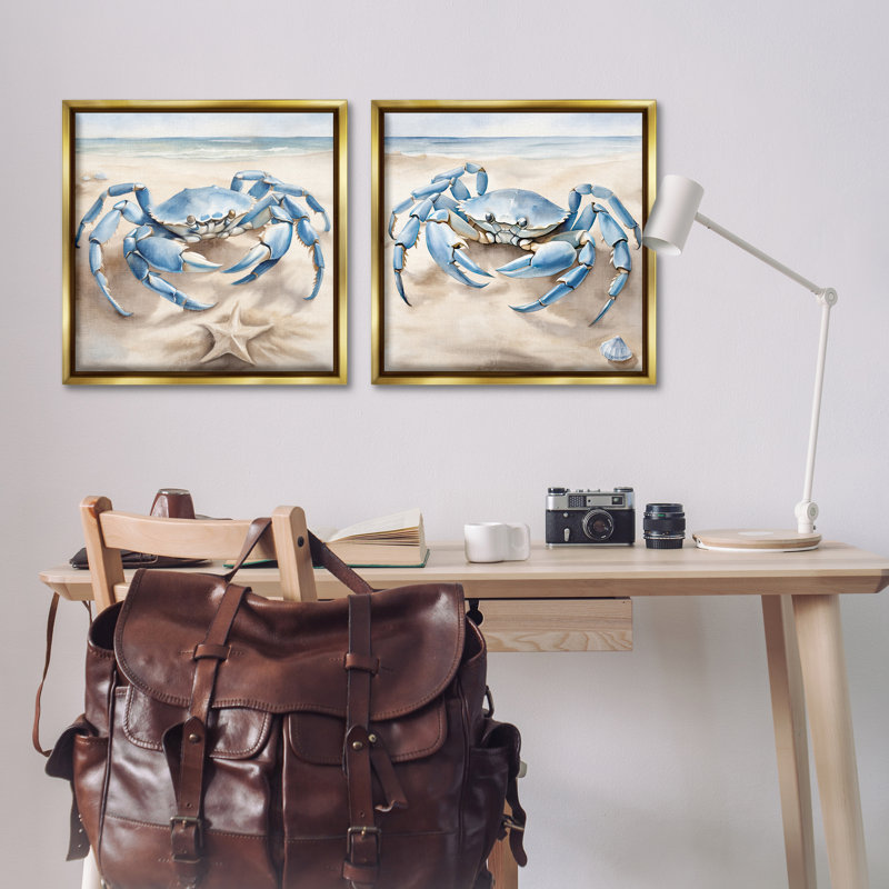 «Nautical Blue Crabs Beach», ensemble de 2 toiles flottantes encadrées par Kim Allen, Cadre flottant métallique doré