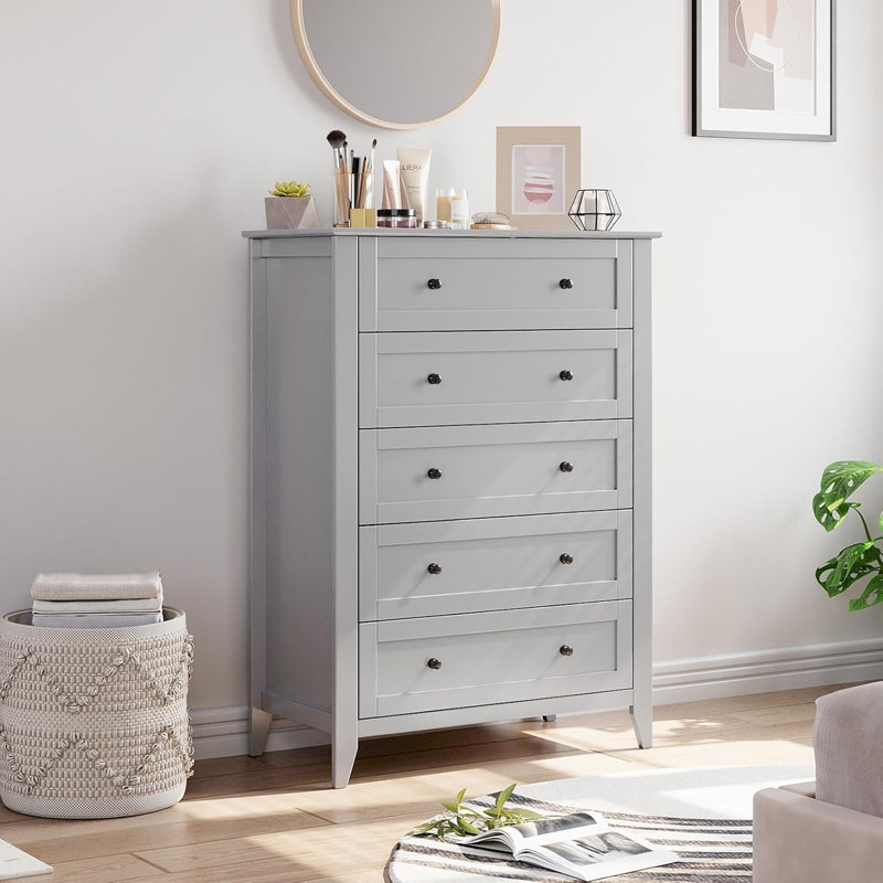 Modern 5 Drawer Tall Dresser for Bedroom, Wood Chest with Deep Drawers, Gold Handles, Large Storage Cabinet for Clothes, Living Room, Closet, Hallway, Farmhouse Style (Gray)