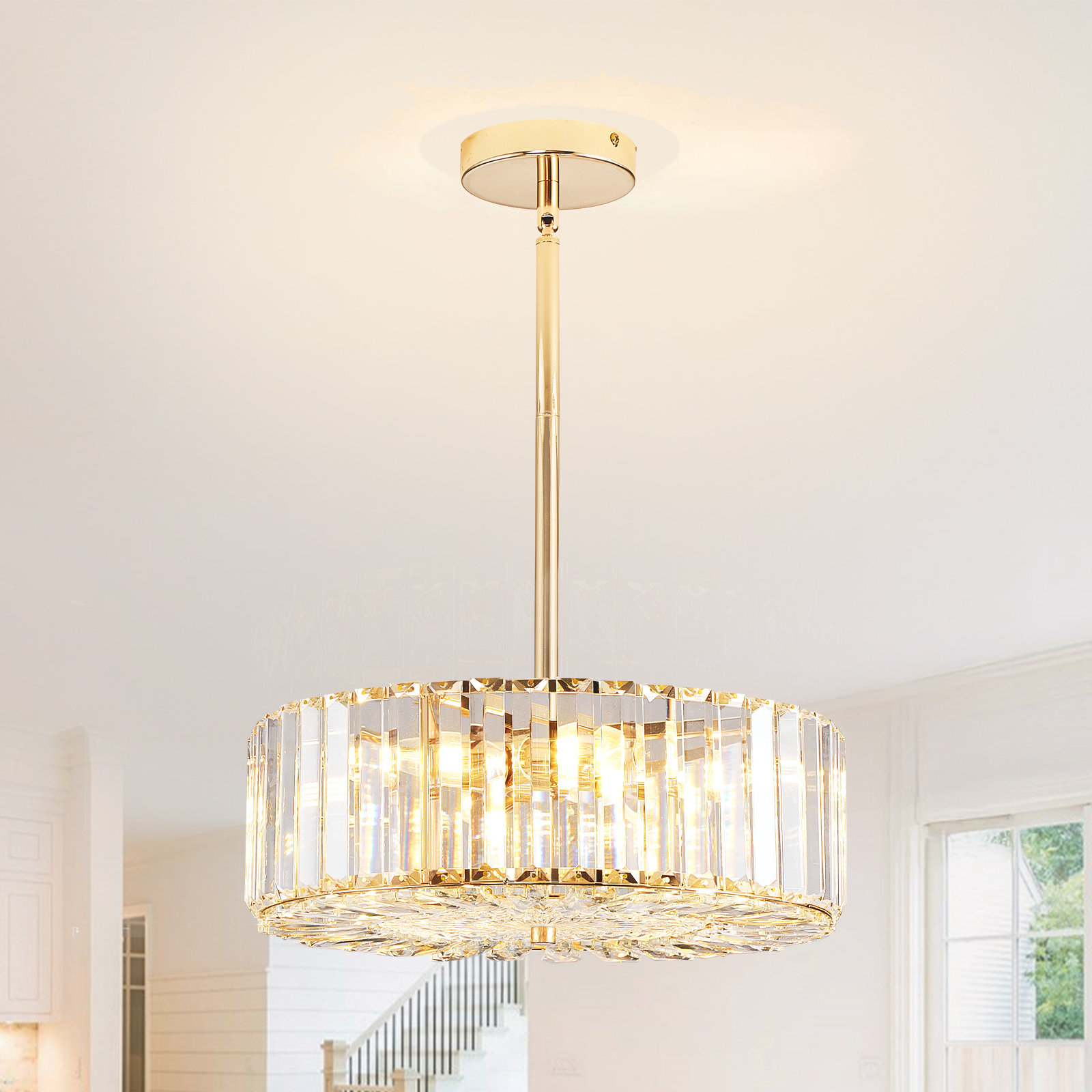 Mercer41 Herrin 4-light Modern Round Crystal Chandelier, Gold Semi Flush Mount Ceiling Lights & Reviews | Wayfair