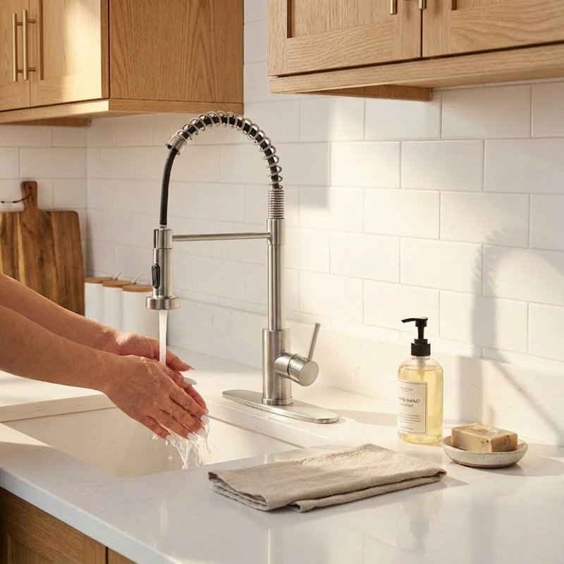Robinet de cuisine industriel à bec simple avec douchette extractible, Nickel brossé