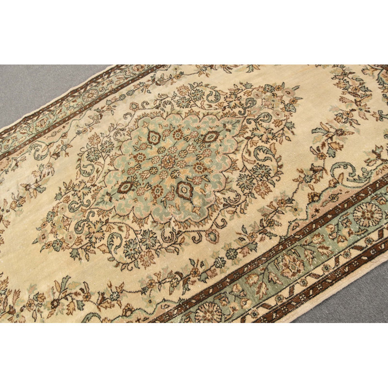 Grand tapis turc vintage beige pour décoration intérieure et salon tribal beige / vert