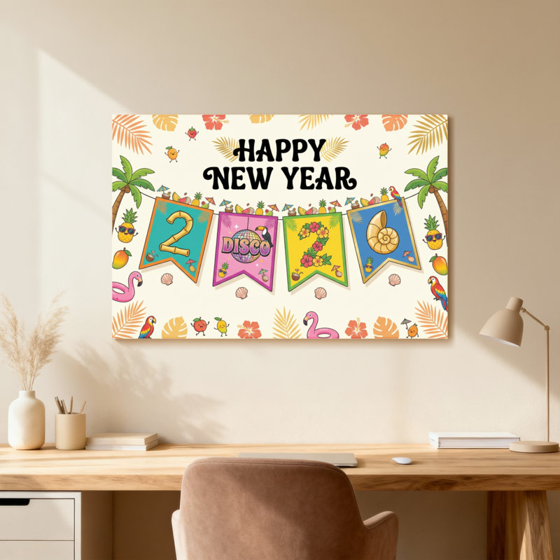 Bannière disco, palmiers tropicaux, flamants roses, ananas, fleurs, Toile tendue, Ne s’applique pas, H 20 po x l 30 po