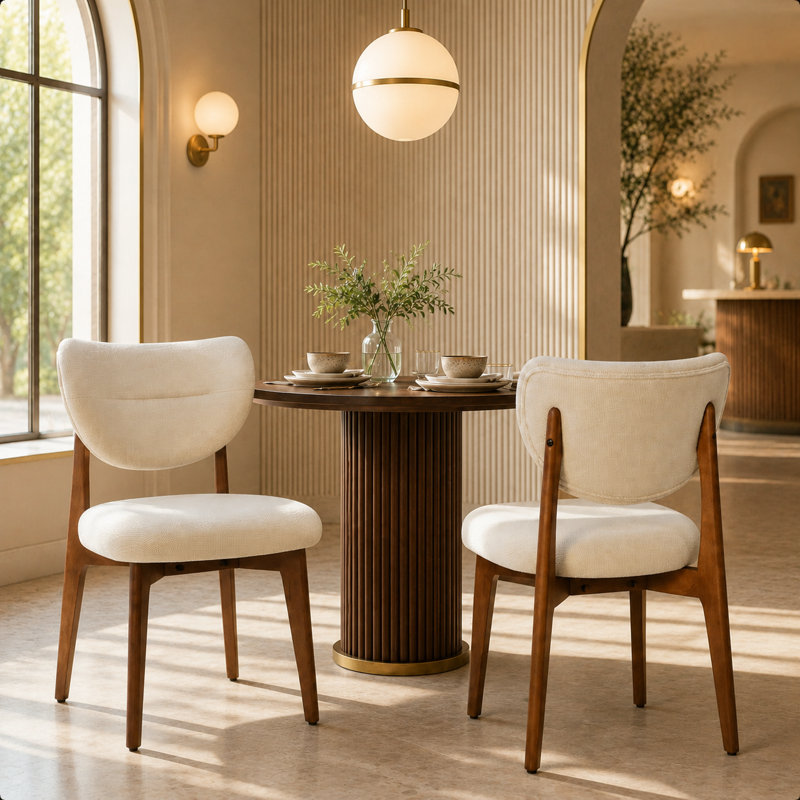 Chaise de salle à manger beige rembourrée de style milieu du siècle, avec revêtement en lin et structure en noyer, Beige