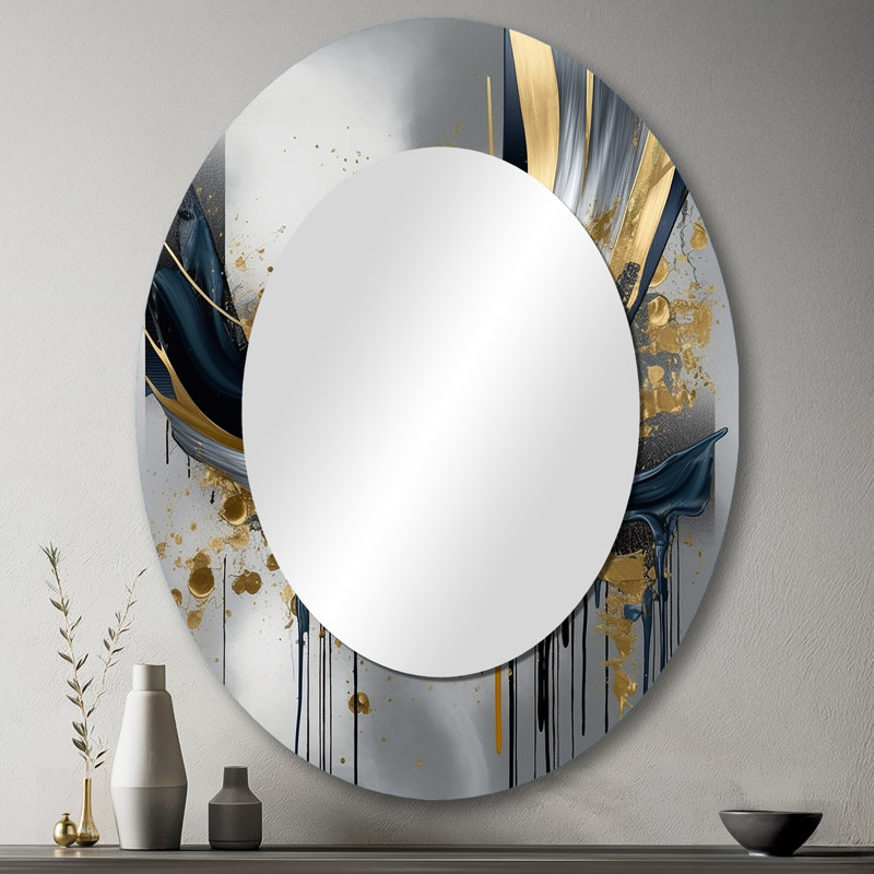 Shapes And Lines Abstract Marble V - Gold Modern Oval Wall Mirror, 43" x 33"