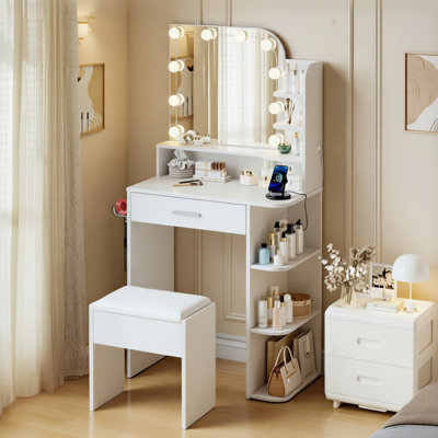 Jaseria Makeup Vanity Set with LED Lighted Mirror & Power Outlet, Vanity Table with 6 Storage Shelves for Bedroom by Ebern Designs