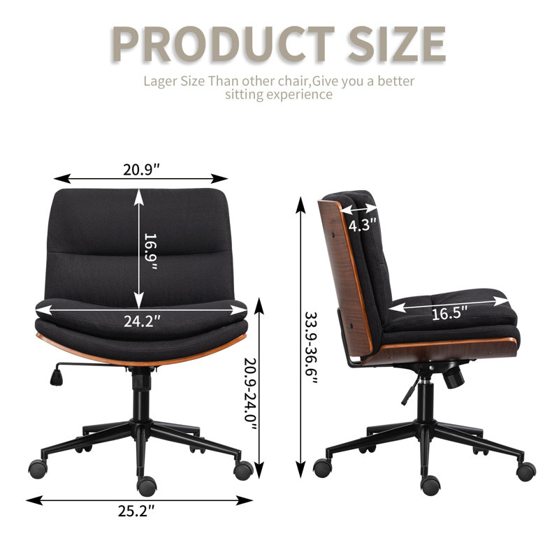 Modern Walnut Armless Office Desk Chair with Wheels, Wide Criss Cross-Legged Home Office Chair, Adjustable Swivel Task Chair