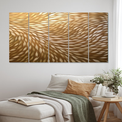 Delicate Modern Golden Wave Pattern - Abstract Shapes Canvas Art Print - 5 Equal Panels