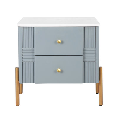 Modern Nightstand With 2 Storage Drawer, Fluted Bedside Table With Golden Metal Handles And Legs, End Table For Living Room And Bedroom, Easy Assembly, Blue