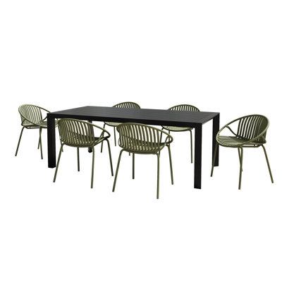 Ensemble de salle à manger d'extérieur moderne en métal et en polypropylène 7 pièces avec chaise empilable, vert et noir
