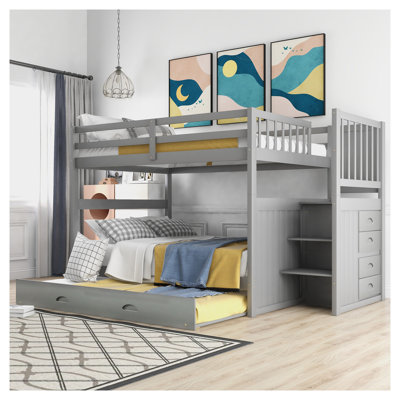 Grey Full over Full Bunk Bed with Twin Trundle & Staircase Storage - Solid Wood Space-Saving Bedroom Furniture