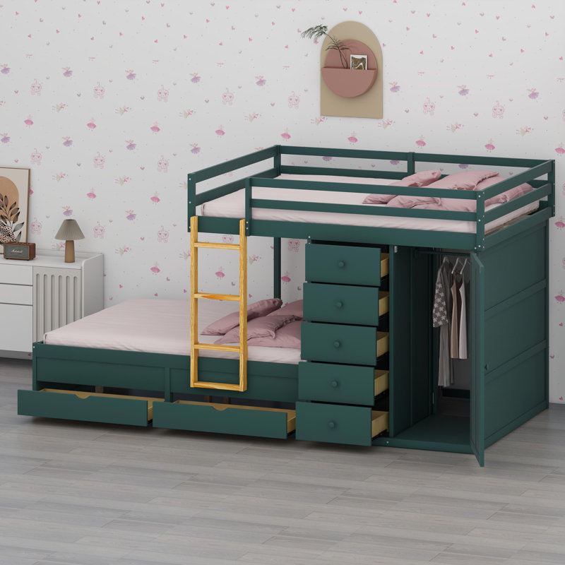 Space-Saving Bunk Bed Featuring Large & Small Storage Drawers Plus Built-In Wardrobe, Green