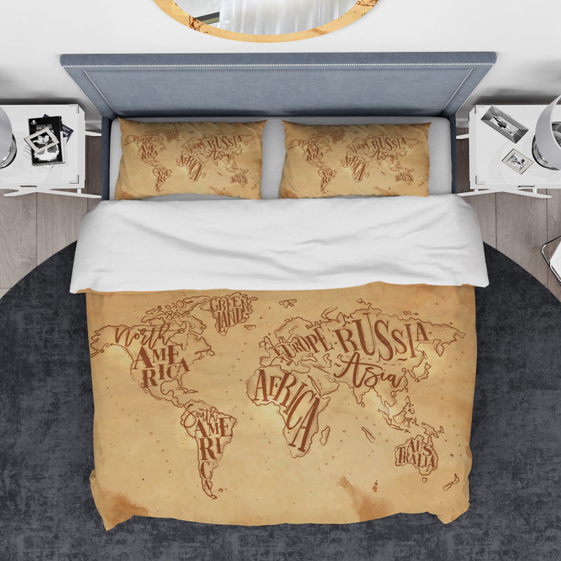 Ensemble de housse de couette Designart World Map in Chalk, Housse de couette très grand + 2 taies décoratives
