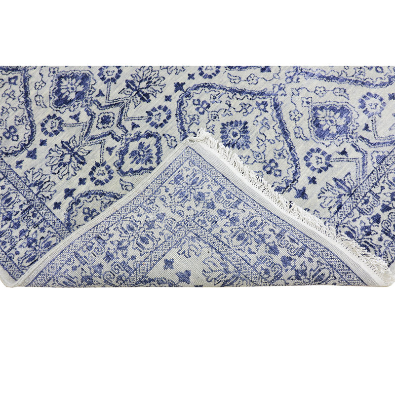 Tapis argent et bleu noué à la main de haute qualité, Rectangle 4 pi 1 po x 6 pi 1 po