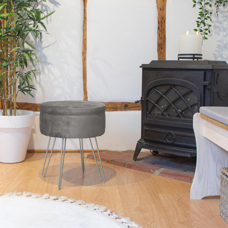 Harbour Housewares - Round Velvet Storage Footstool, Silver, Grey