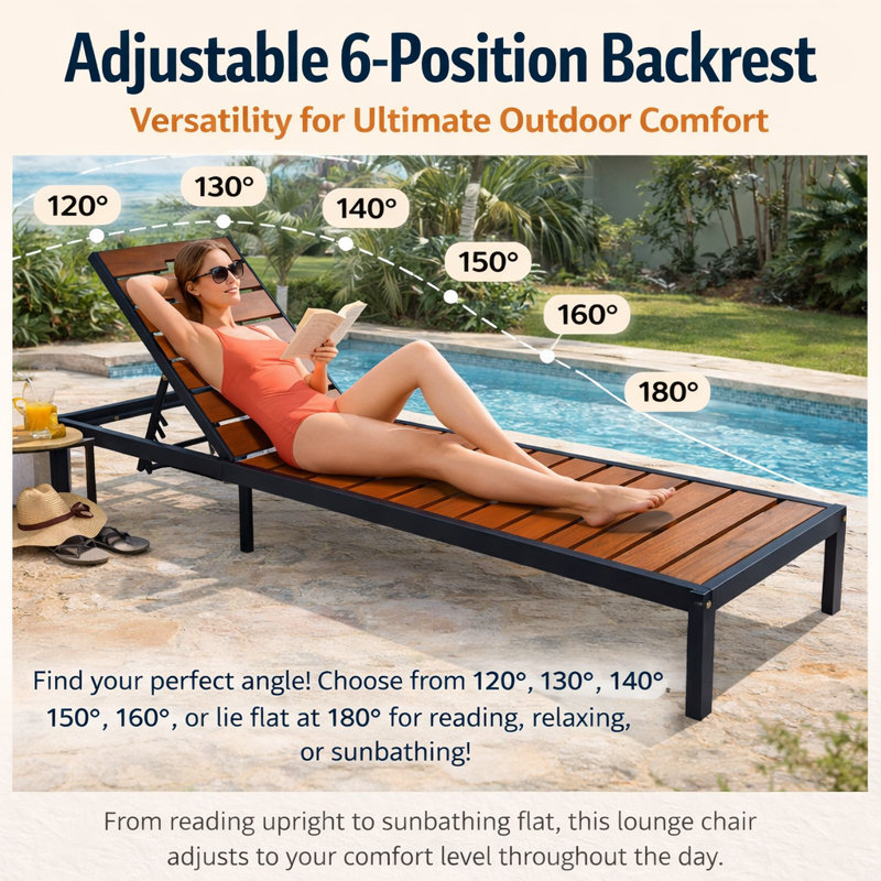 Outdoor Chaise With 6-Gear Adjustable Backrest, Black/Brown