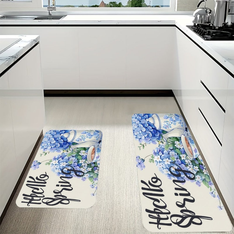 Ensemble de 2 tapis de cuisine hydrangées et théières à motif floral bleu