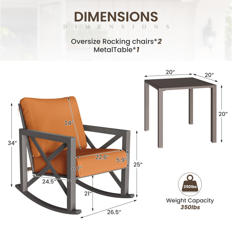 2-Person Outdoor Rocking Chair Set with Table and Cushions, Orange