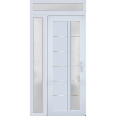 Porte d'entrée extérieure prémontée en PVC-U, verre dépoli, Manux 8088 Blanc Soie, fenêtres latérales et supérieures, portes extérieures pour bureaux, commerces et habitations, entrée, patio, garage - L 91,4 cm + 30,6 cm x H 203,2 cm + 35,6 cm - Ouverture à gauche vers l'intérieur