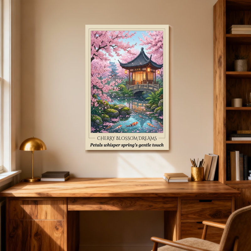 Paysage et nature Cherry Blossom Garden Pavilion Stream, H 18 po x l 12 po