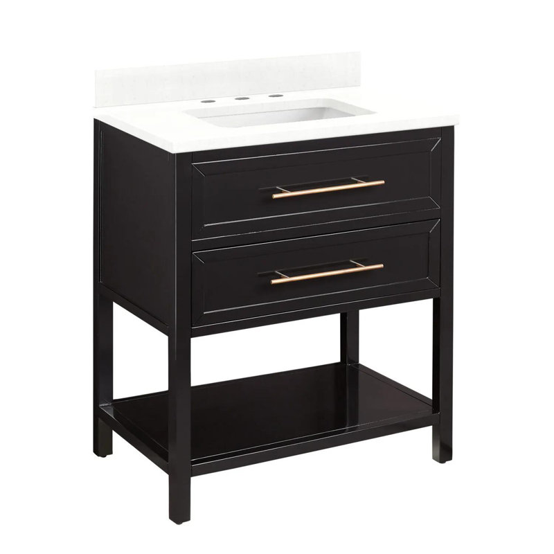 Ensemble de meuble-lavabo simple 30 po avec lavabo encastré rectangulaire Robertson, Quartz blanc arctique, Noir, 8 po