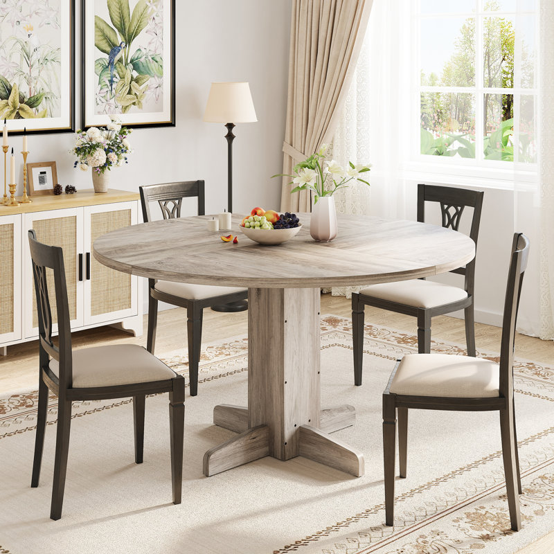 Round Dining Table for 4-6 People, 47" Wood Kitchen Table with Sturdy Pedestal Base, Farmhouse Dinner Tables for Dining Room, Kitchen, Living Room, Grey