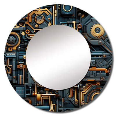 Ryin Steampunk Industrial Gold And Teal Geometric - Geometric  Large Wall Mirror, Gold Unique Mirror, Printed Metal Art