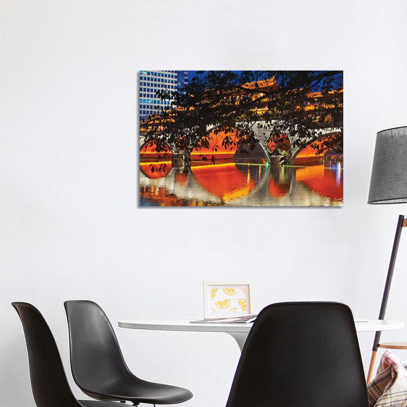 Night view of Anshun Bridge with reflection in Jin River, Chengdu, Sichuan Province, China 1 Piece Wrapped Canvas Wall Art