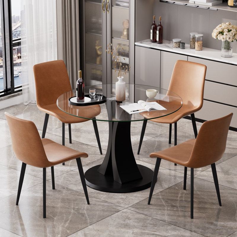 Ensemble de salle à manger moderne à piédestal rond en verre avec cuirs en polyuréthane pour 4 à 6 personnes, Brown