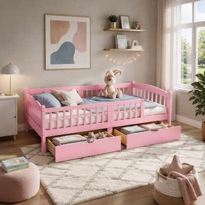 Lit plateforme avec barrières de sécurité sur toute la longueur, lit plateforme pour enfants avec tiroirs de rangement, tête de lit au design enfantin et mignon