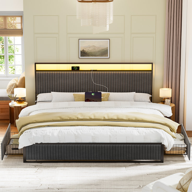 Antioch Upholstered Bed Frame with 2 Storage Drawers, Modern Platform Bed with Charging Station & LED Light, No Spring Box Needed