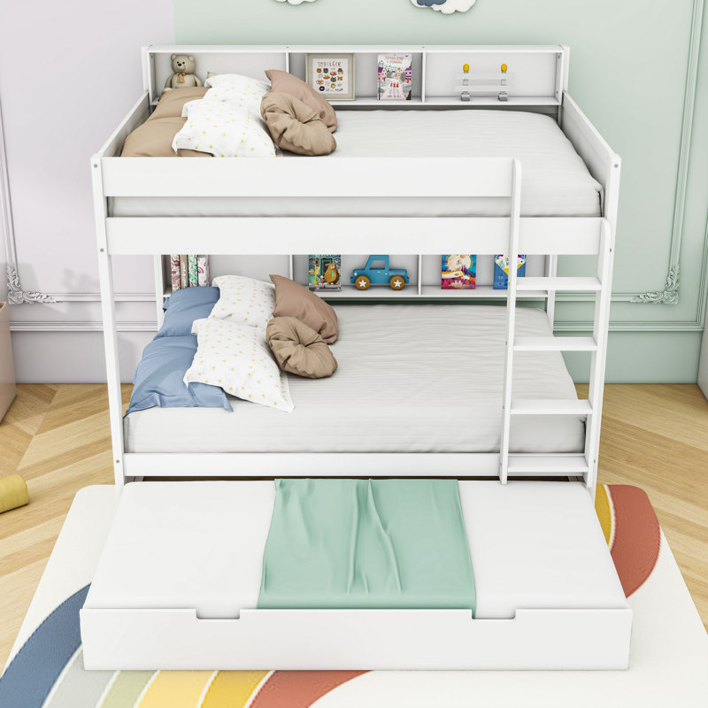 Lit superposé en bois avec lit gigogne, Lit double, Blanc