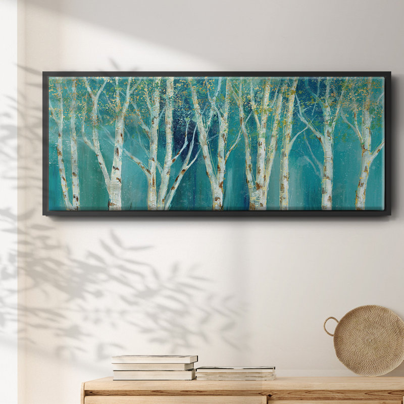Bouleau sur toile bleue encadrée, H 20 po x l 50 po