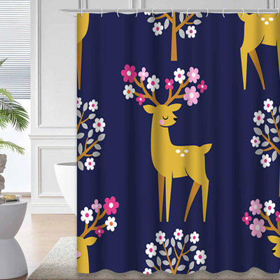 Cute Deers Trees Antlers Art Bloom Bold Shower Curtain with 12 Hooks