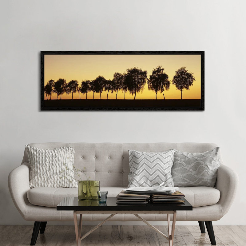 Tree alley at sunset, Hohenlohe, Baden-Wurttemberg, Germany 1 Piece Floater Frame Panoramic Wall Art on Canvas, Black