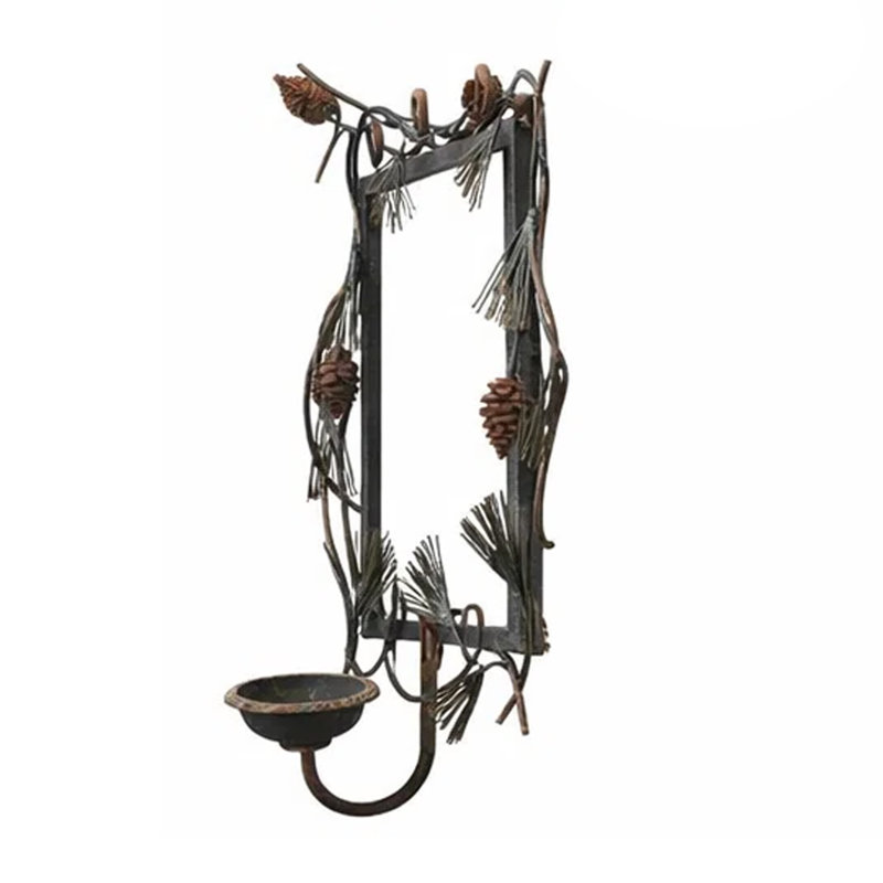 Mia Wall Candle Holder, 19 Inch Black Frame With Pine Branch Accents