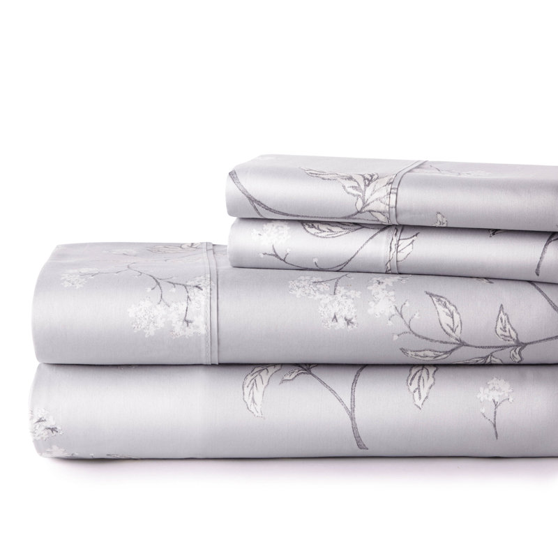 Southshore Fine Linens Myosotis Scorpioides 4-Piece 300 Thread Count Cotton Sateen Sheet Set, 22-Inch Extra Deep Pocket, Queen, Grey