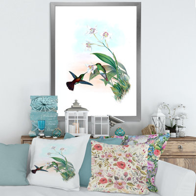 «Vintage Hummingbird Flying To A Flower», reproduction d'art sur toile encadrée