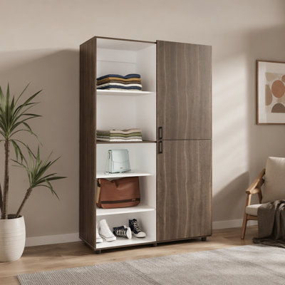 Garde-robe H 72,4 po, 2 portes, 6 pieds, 5 tablettes, garde-robe en noyer gris