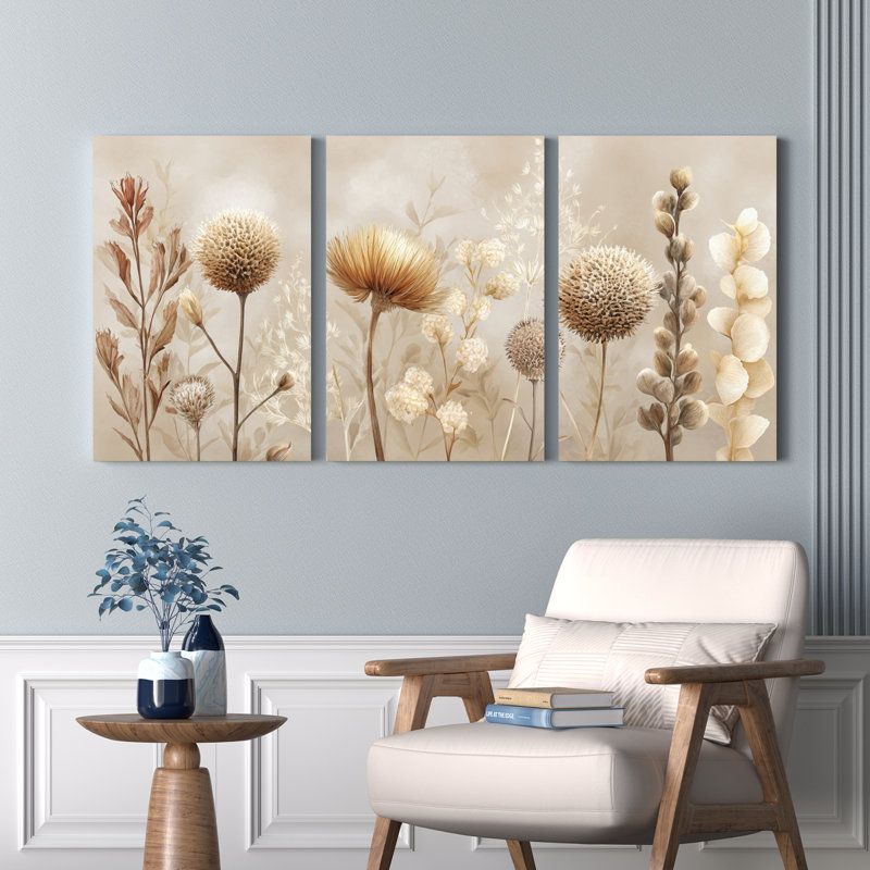 Ensemble de 3 tableaux sur toile tendue, motif de fleurs séchées beiges inspirées par la nature, H 30 po x l 60 po