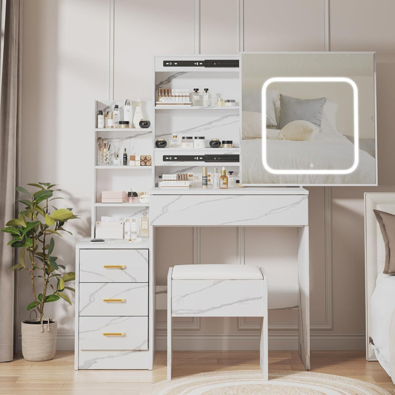 Vanity Desk with Mirror and LED Lights, Makeup Vanity Desk with Sliding Lighted Mirror, Dressing Table Set with Stool & 4 Drawers, Storage Shelves