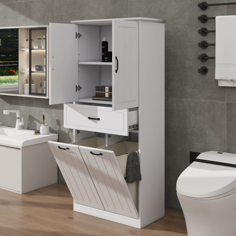 Bathroom Storage Cabinet With Two Laundry Baskets, Storage Cabinet With Doors And Drawer For Home, White