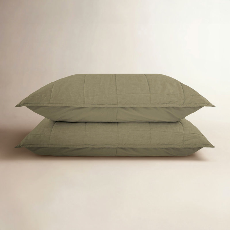 French Linen Box Stitch Quilted Sham Set, Queen, Moss