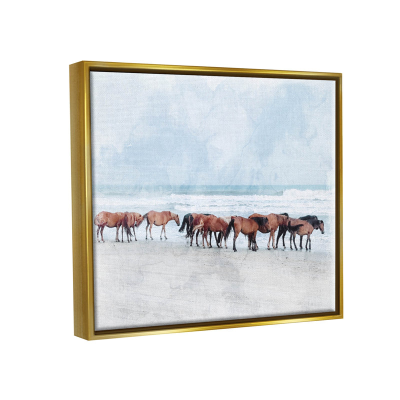 Toile de cheval sur une plage flottante, H 17 po x l 21 po x P 1,7 po, Toile avec cadre flottant or